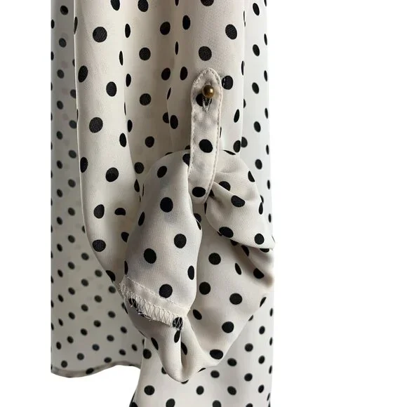 LC Lauren Conrad Button-Front Beige & Black Polka Dot Blouse Rolled Cuffs Medium - Picture 6 of 11